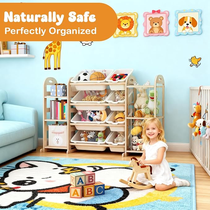 Wooden Toy Storage Organizer, Toy Organizers & Storage with Stuffed Animal Storage, Toy Storage Shelf with 3 Shelves, 8 Storage Bins, Kids Bookshelf, Toy Holder for Toddler Rooms, Playrooms, Bedrooms - Image 3