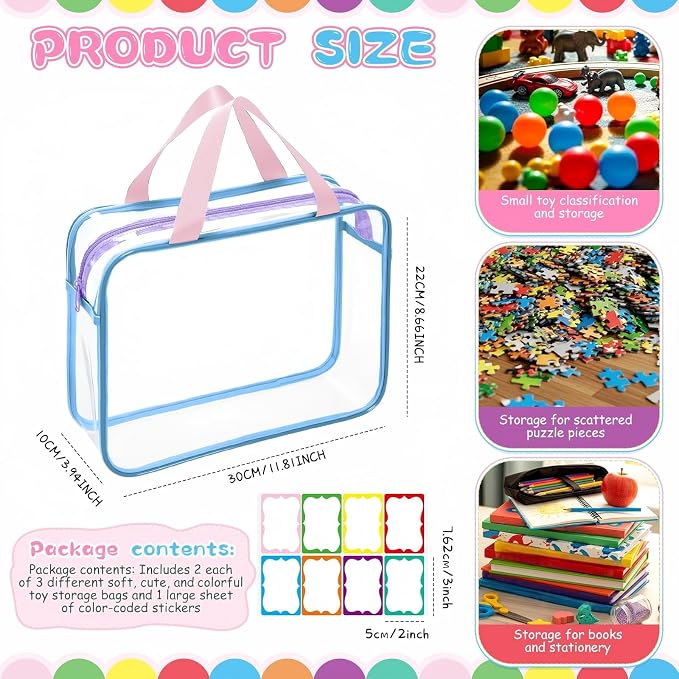 Shinylin 6 Packs Large Toy Storage Bags with Labels Clear PVC Toy Organizer with Zipper Colorful Classroom Storage Reusable Waterproof Organizer for Playroom School Blocks Game (Mix Pastel Color) - Image 2