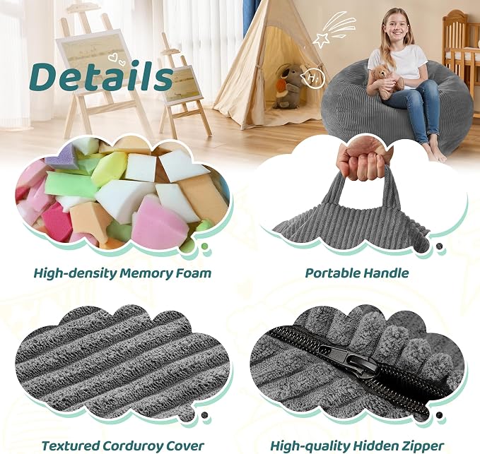 2FT Bean Bag Chair: 2' Small Bean Bags with Memory Foam Filled | Beanbag Chairs with Handle,Teardrop Bean Bag Sofa with Corduroy Machine Washable Cover for Living Room,Bedroom-Grey - Image 5