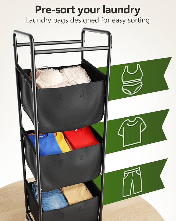 3 Section Laundry Sorter with Removable Bags, 120L Rolling Vertical Laundry Hamper, Stackable Laundry Baskets organizer for Bathroom, Apartment, Dorm (Black, With Wheel) - Image 2