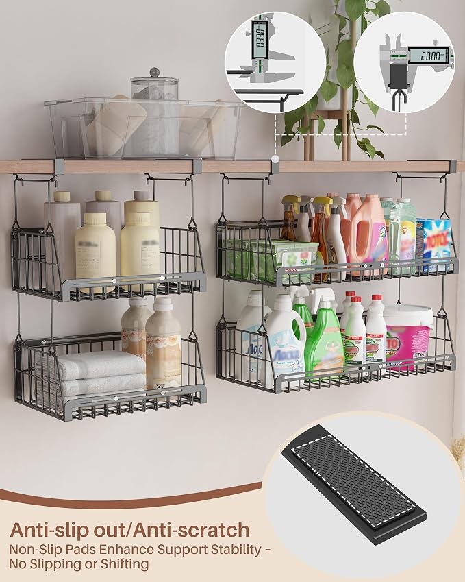 2 Pack Under Shelf Organizer Hanging Under Shelf Storage Basket, Black | Extendable heavy-duty metal under shelf basket, sturdy & durable, fits kitchen, pantry, closet, office, adjustable length - Image 4