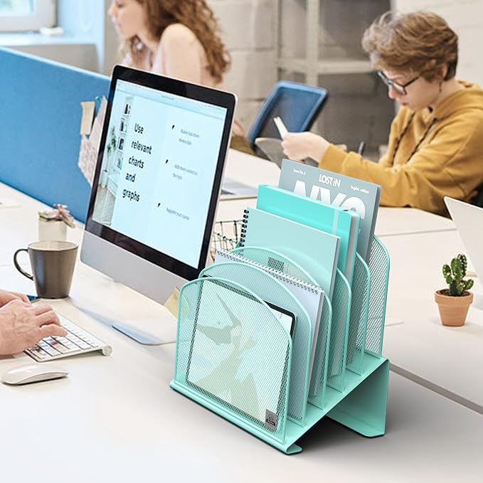 Delifox Inclined Desk File Organizer,Vertical File Folder Holder Stand Metal Rack File Sorter for Office Classroom Desktop Organization (1, Aqua, 5) - Image 7