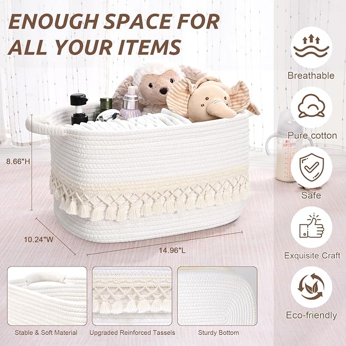 6 Pack Storage Basket for Shelves, Boho Cotton Rope Storage Bins with Heavy Tassel, Shelf Baskets Large Woven Baskets for Organizing, Cube Organizer Bins, Baby Laundry Basket for Clothes, Toys, Pets - Image 3