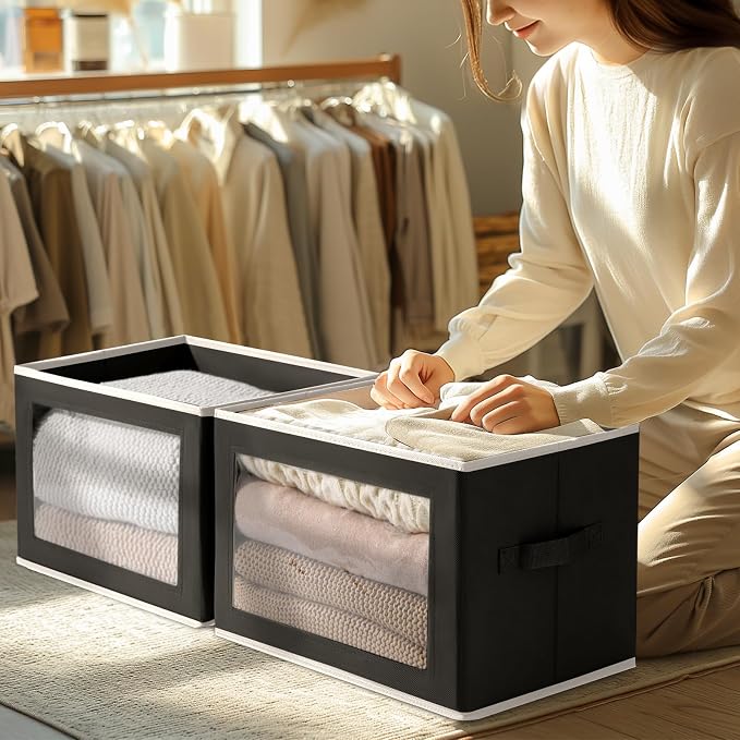 Large Storage Baskets Bins with Lids - Stackable Cube Bins for Closet, 3 Pack Black Windows Organizer Bins, Home Organizers and Storage for Clothes, CD, Towels - Image 3