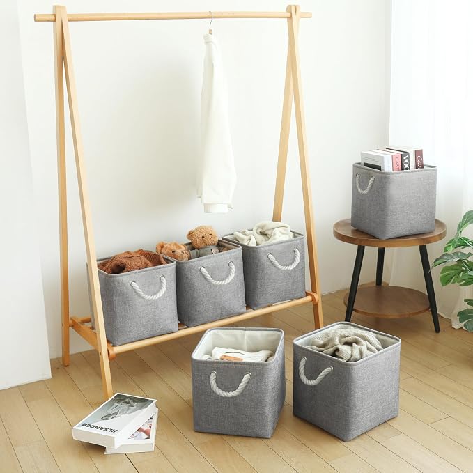 FinishingBo 11 inch Cube Storage Bin with Handles 6 Pack | Foldable Basket, Fabric Storage Bins, Closet Storage, Home Organizer (Gray) - Image 5