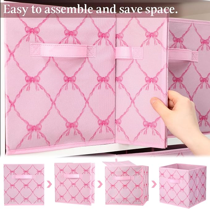 6 Pcs Pink Bow Cube Storage Bins 11 Inch Storage Basket with Handle | Preppy Girls Organizer Basket, Collapsible Fabric Box for Classroom Bedrooms Office Home Decoration Gift - Image 3