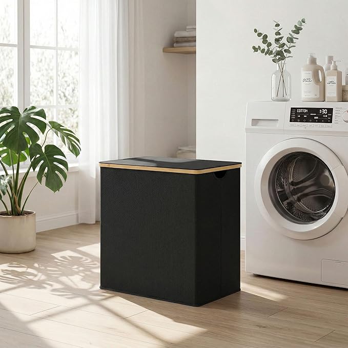 efluky Laundry Hamper with Lid, Double Laundry Basket with 2 Removable Bags, 2 Section Laundry Bin with Bamboo Handles for Bathroom, Bedroom & Laundry Room, 140L (36.9 Gallon) Black - Image 7