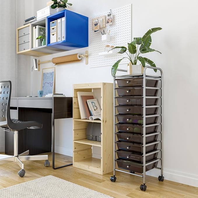 Seville Classics Rolling Utility Organizer Storage Cart, for Home Office, School, Classroom, Scrapbook, Hobby, Craft, 10 Drawer, Black - Image 2