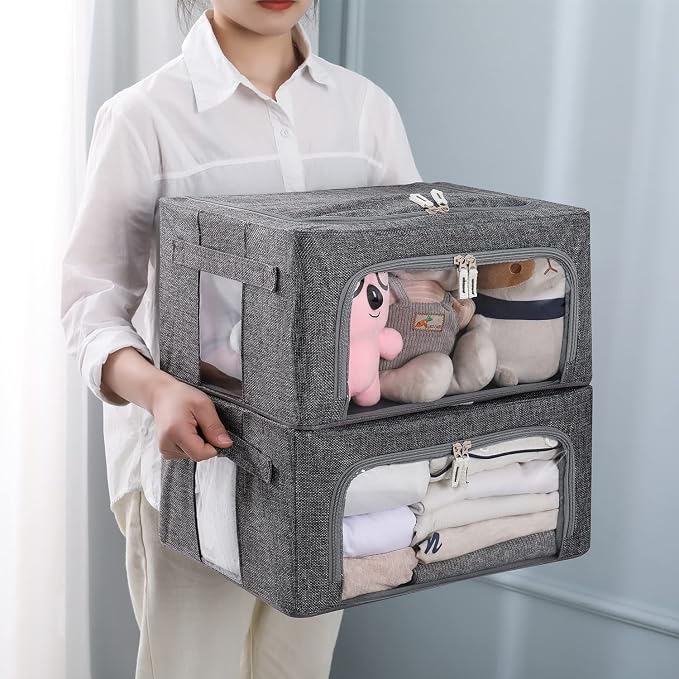 CYhom 3Pack Foldable Storage Bins - Frame Storage Box Linen Fabric Stackable Clothes Container Organizer with Clear Window & Carry Handles Large Capacity (Small-22L, Dark Gray) - Image 8