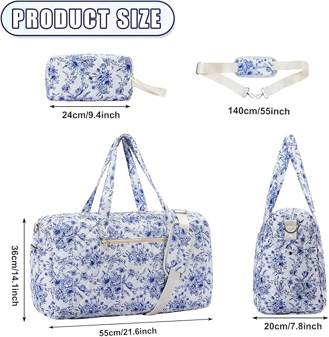 Quilted Floral Duffel Bag 2 Pack Weekender with Shoe Compartment | Women's Overnight Hospital Bag for Labor Delivery, Carry-On Travel Duffel with Toiletry Pouch for Gym & Weekend Getaway - Image 2