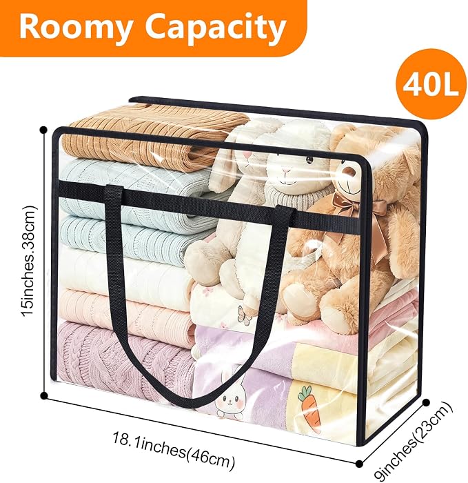 2 Pack Clear Clothes Storage Bags, 40L Vinyl Blanket Storage Containers with Heavy Duty Zipper, Foldable Moving Bags, Closet Organizers for Bedding, Clothing, Comforters, Linens, Duvet - Image 3