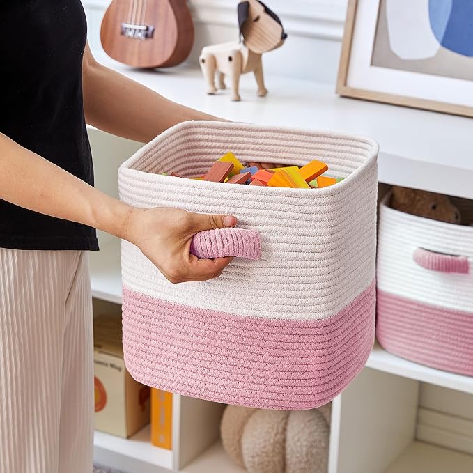 R RUNKA Storage Cube Baskets for Organizing 11 inch-3 Pack- Square Baskets for Cube Storage, Closet Storage Bins - Woven Cube Storage Bins for Shelves- Cube Drawer- Ideal for Toy Storage White & Pink - Image 5