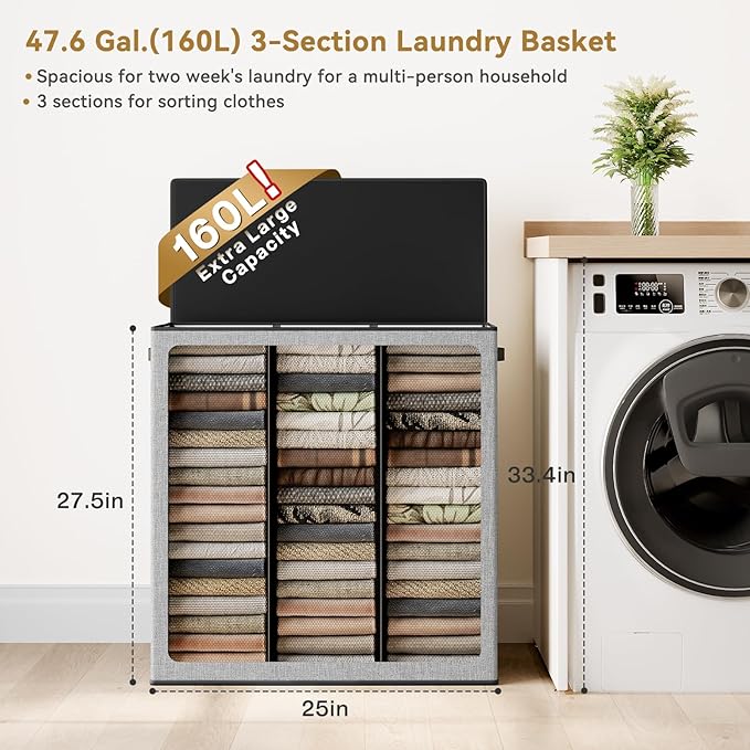 SOLEDI 160L Laundry Hamper 3 Section, Extra Large Laundry Hamper with Lid, Dirty Clothes Hamper with Sturdy Handle, Large Laundry Basket Organizer for Laundry Room, Bedroom, Hampers for Laundry - Image 2
