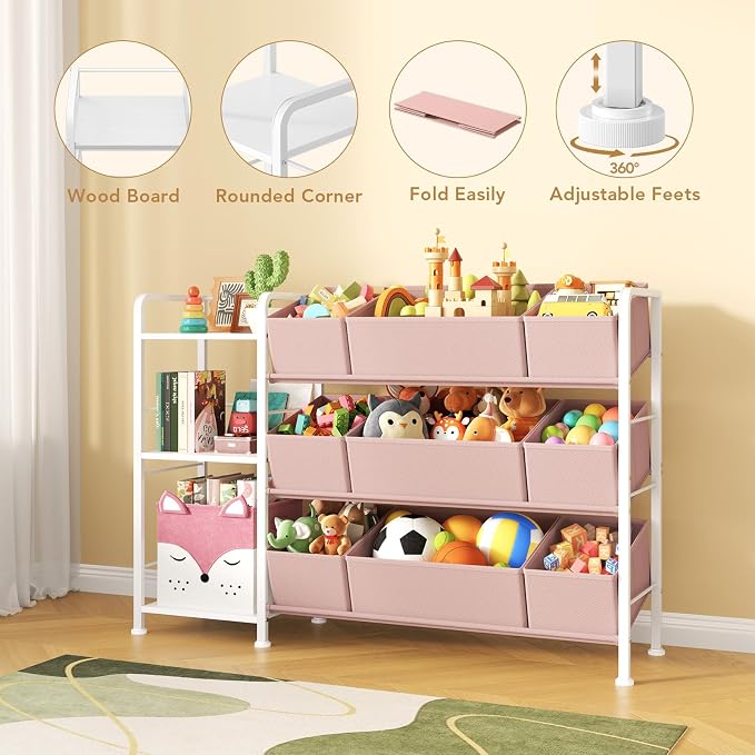 BBLIKE Kids Bookshelf and Toy Storage Organizer with 9 Removable Fabric Bins, Kids Book Shelf & Stuffed Animal Storage Rack for Playroom, Bedroom, Nursery, Pink - Image 8
