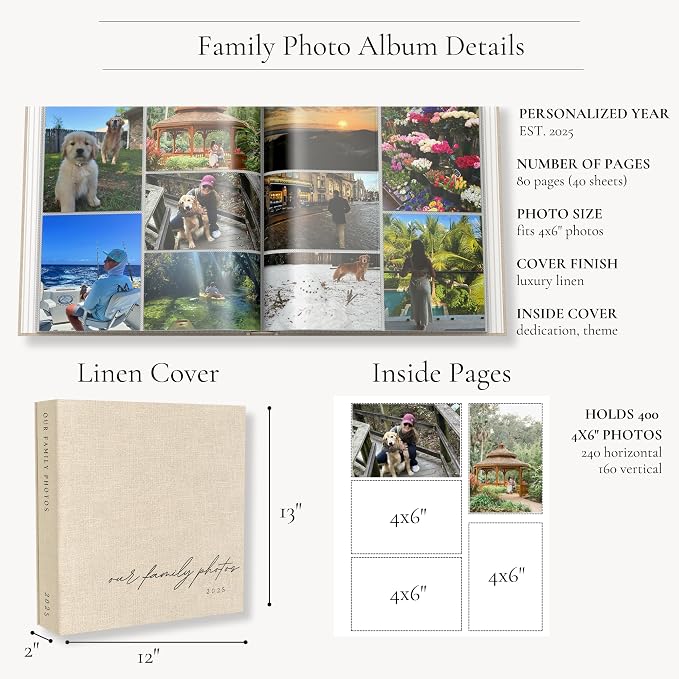 Family Photo Album 4x6 Pictures & Custom 2025 Year Large Linen Picture Book | 400 Horizontal & Vertical Pockets - Personalized Scrapbook Memory Book For Baby, Kids, Vacation, Couples, Anniversary - Image 7