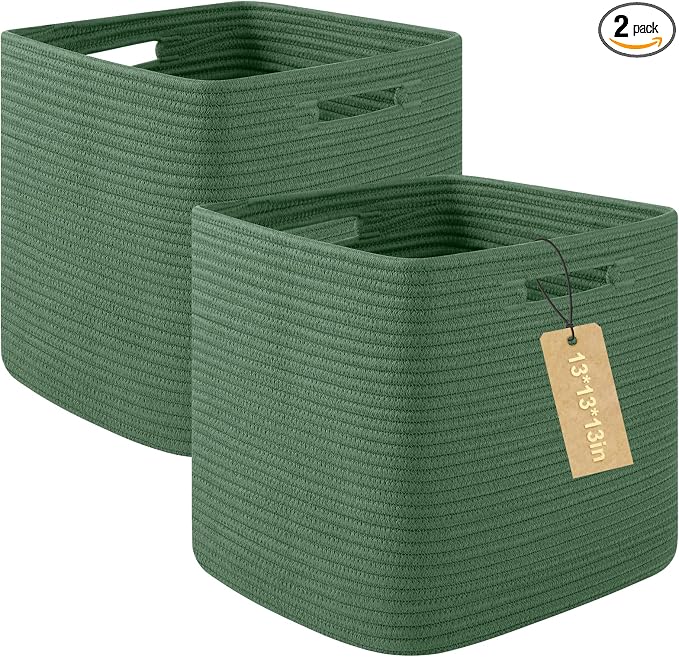 OIAHOMY 2 PACK Cube Storage Bin 13 Inch Collapsible Storage Cube Green | Cube Storage Organizer Storage Bins for Shelves Baskets for Organizing Woven Rope Storage Baskets by MasterofSpaceOptimization