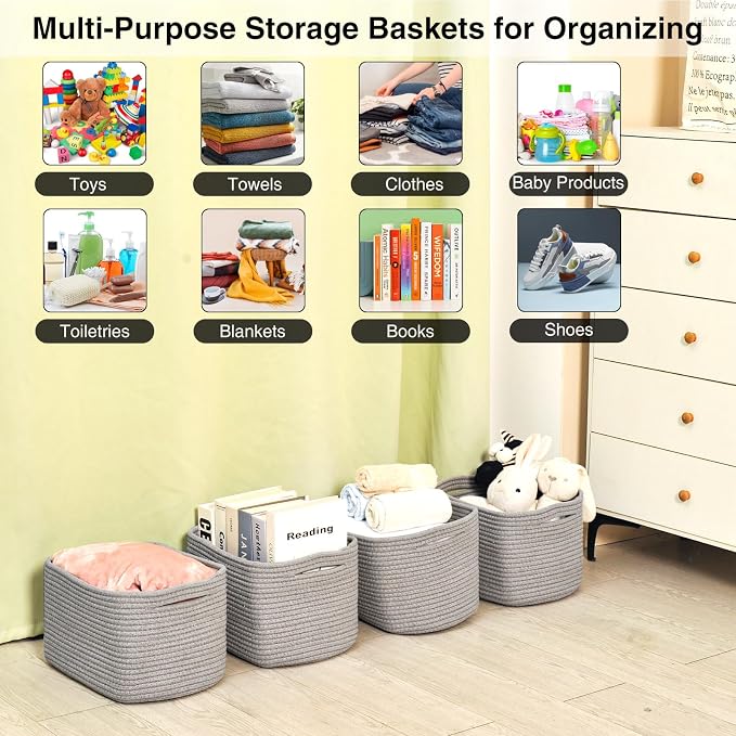 Small Storage Baskets for Organizing, Woven Storage Baskets for Shelves, Cotton Rope Basket for Storage, Cute Rectangular Book Toy Grey Basket, 12.7"×9.1"×7.9", 4 Packs, Grey - Image 5
