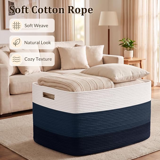 OIAHOMY 108L Extra Large Blanket Basket Dog Toy Basket Gradient Blue | Rectangle Woven Baskets for Storage Cotton Rope Basket For Living Room Toy Storage Blanket Storage Laundry Basket - Image 3