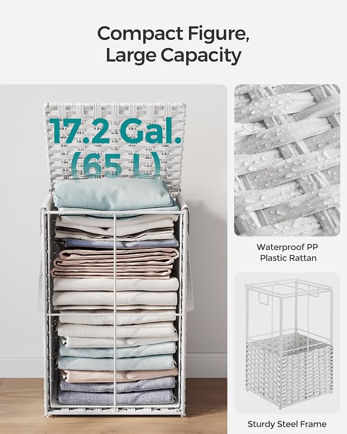SONGMICS Laundry Hamper with Lid, 17.2 Gallon (65 L) Synthetic Rattan Clothes Laundry Basket with Lid and Handles, Foldable, Removable Liner, Cloud White ULCB165W01 | Clothes Laundry Basket with Handles, Removable Liner, Cloud White, ELIOTT Collection ... - Image 5
