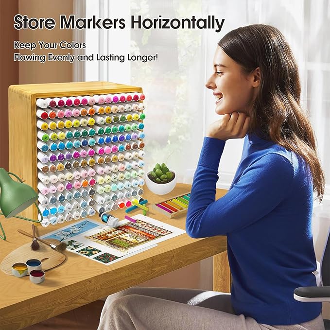 Marker Organizer for 168 Markers,Bamboo Wooden Desk Storage Organizer Rack,Markers Pens Pencils Art Brushes Storage Holder for Home Classroom Office Decor. - Image 5