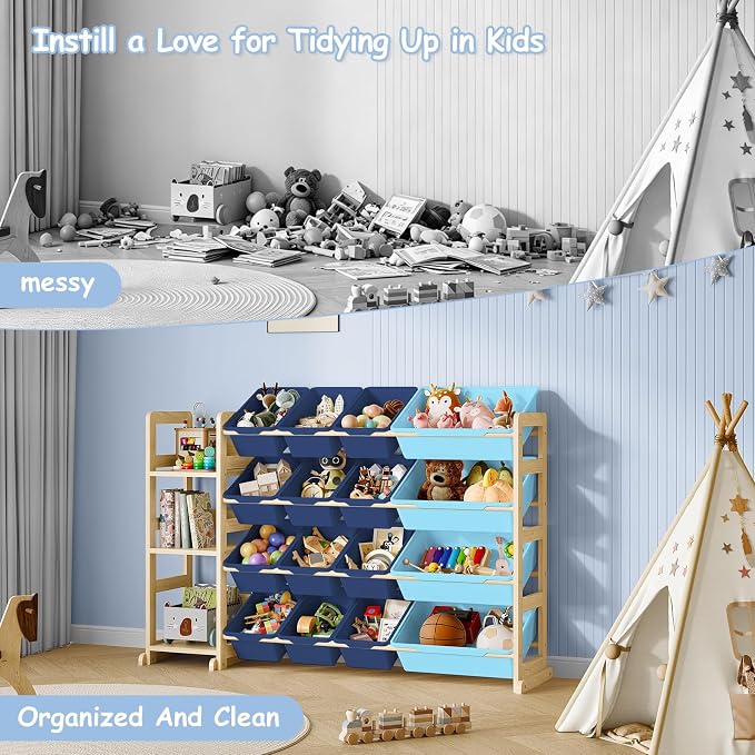 EXPERLAM Toy Storage Organizer, Toy Storage Shelf with 3 Shelves and 16 Storage Bins (12 Small + 4 Large), 3-in-1 Kids Bookshelf for Kids Rooms, Playroom, Nursery, Blue - Image 6