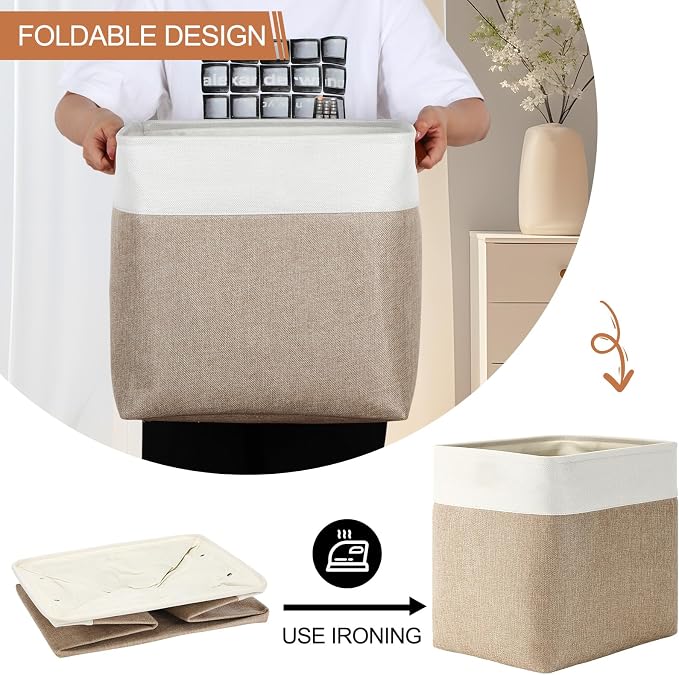 Uiifan 10 Pcs Collapsible Storage Bins Fabric Foldable Storage Basket with Handles Cloth Organizer Linen Shelf Baskets for Shelves Home Closet Nursery Toys(17 x 15 x 12 Inch,Beige and White) - Image 5