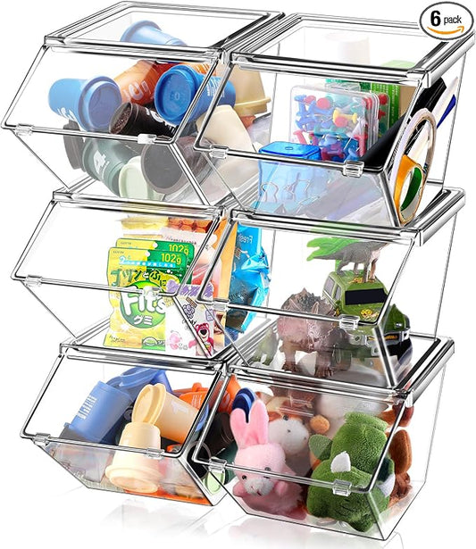 Yerliker 6 Pcs Clear Plastic Storage Bins with Lids Large Stackable Pantry Storage Organizer Bins Kitchen Organization Cabinet Organizers Ideal Containers for Fridge, Kitchen, Cabinets (Clear) by Yerliker