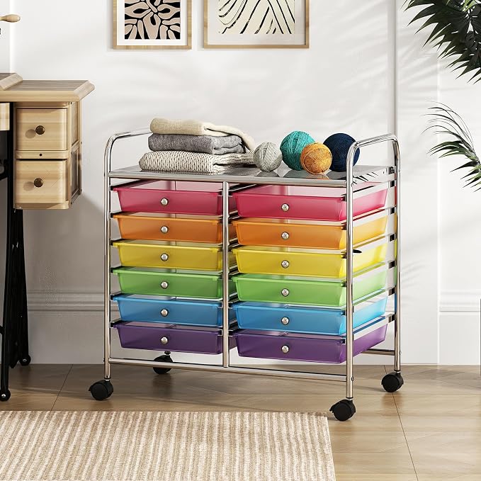 RELAX4LIFE 12-Drawer Rolling Storage Cart - Mobile Utility Cart on Wheels for School Classroom Teacher Office Salon, Paper File Art Supply Craft Organizer, Rolling Cart with Drawers (Rainbow) - Image 2