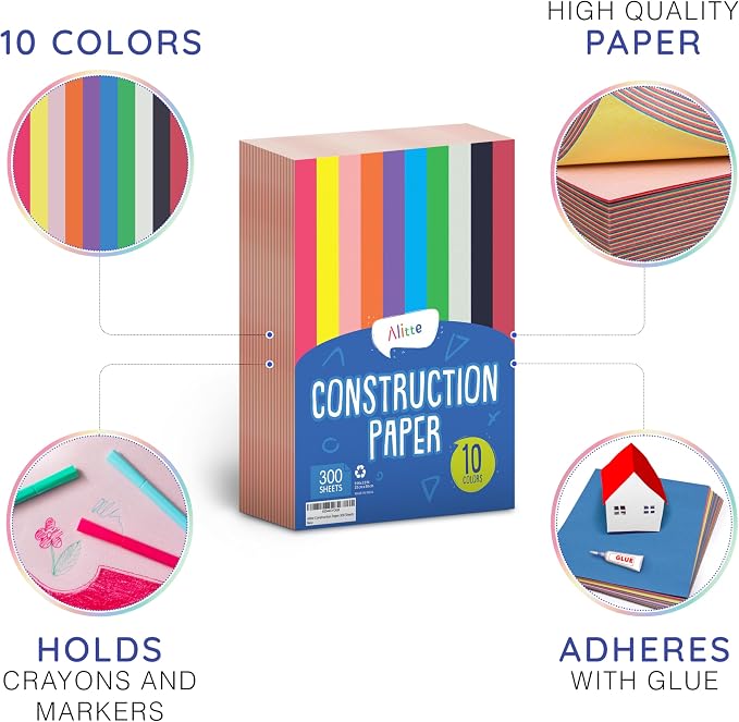 Alitte Construction Paper Assorted Colors - (300 Sheets, 9x12), Craft Paper, 10 Bright Colors - Bulk Pack Arts & Crafts Projects - Colored Paper for Preschool, Home, and Classroom Supplies - Image 2