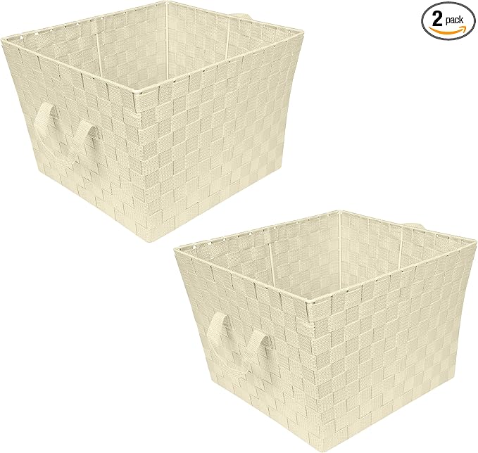 Simplify Large Woven Strap Tote | Decorative Storage Basket | 2 Handles | Organization | Closet | Bedroom | Bathroom | Nursery | Accessories | Toys | Gifts | 2 Pack | Ivory by Simplify