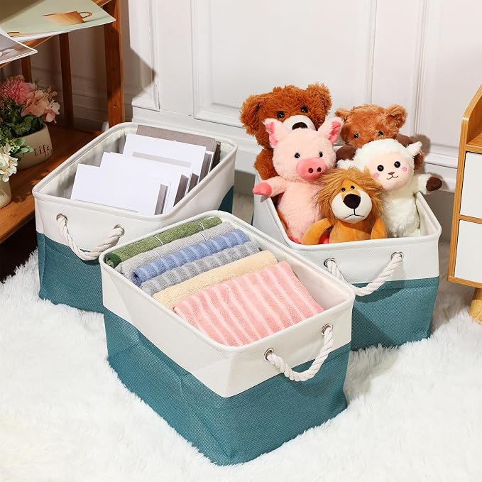 meekoo 8 Pack Collapsible Storage Bins Fabric Storage Bins Polyester Fabric Baskets with Handles Linen Closet Organizer for Shelf Home Closet Towels Toys(15 x 11 x 9.5 in,Cyan White) - Image 4