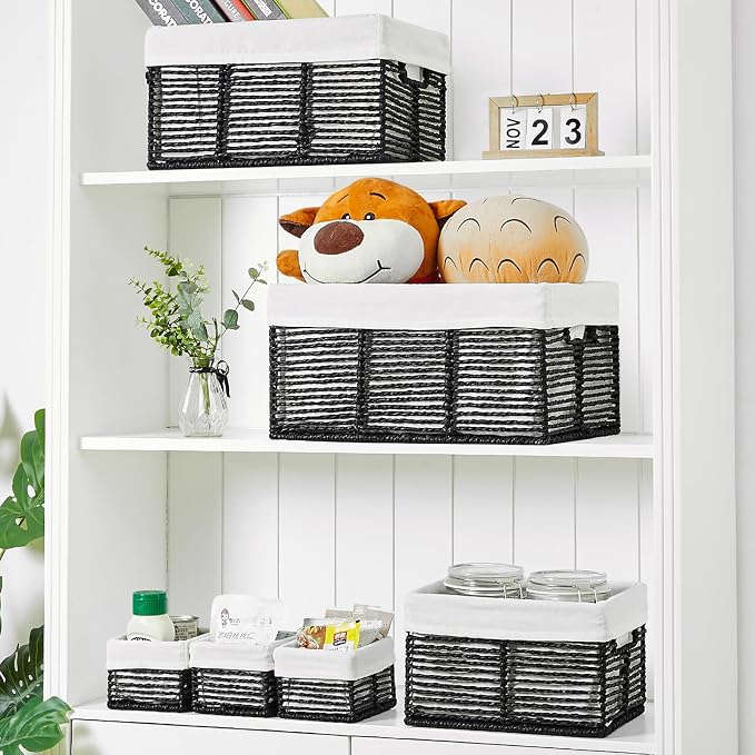 Wicker Storage Basket, 6 Pack Baskets for Organizing, Wicker Baskets with Handle, Rectangular Woven Basket for Storage Shelves, Cube Storage Bins for Closet/Clothes/Dresser, Black - Image 5