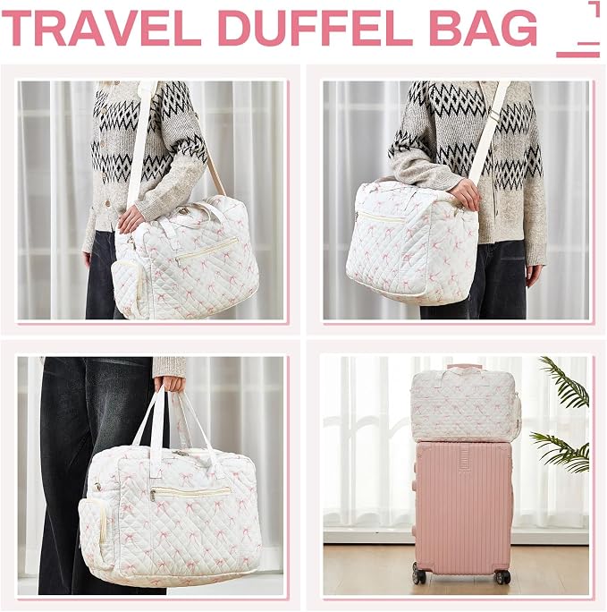 Abbylike Hospital Bag for Women, Quilted Weekender Duffle Bag,Bow - Image 5