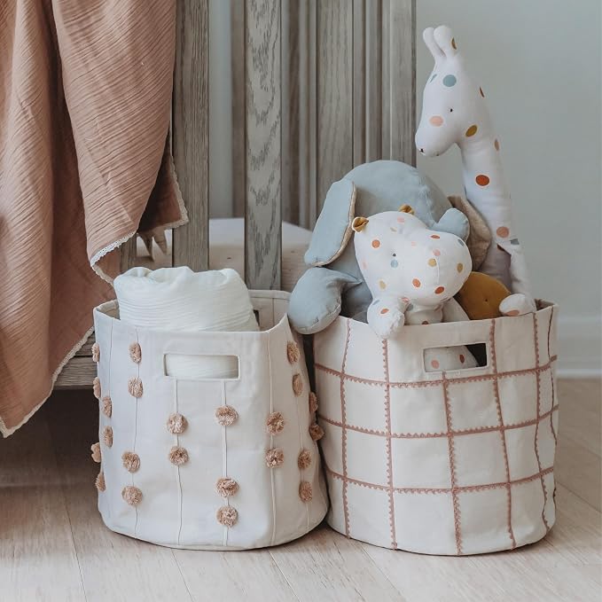Storage Bins for Kids Nursery Bin Organizer (13"x12") Laundry Basket for Closet, Decorative Floor Storage Basket Canvas Fabric Storage Basket (Pompom - Taupe) - Image 3