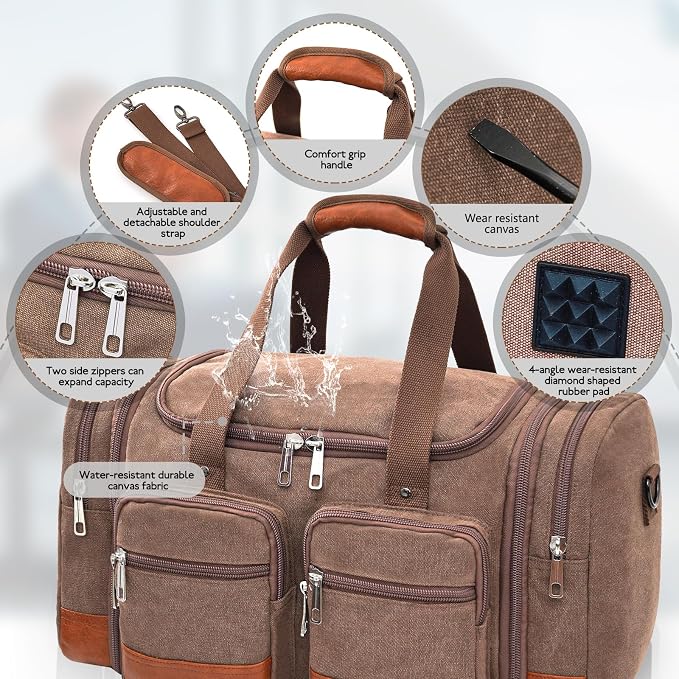 Canvas Duffle Bag For Travel, 50L Expandable Carry on Overnight Travel Duffel Bags with Laptop Compartments Weekend Gym Bag for Men(Coffee) - Image 4