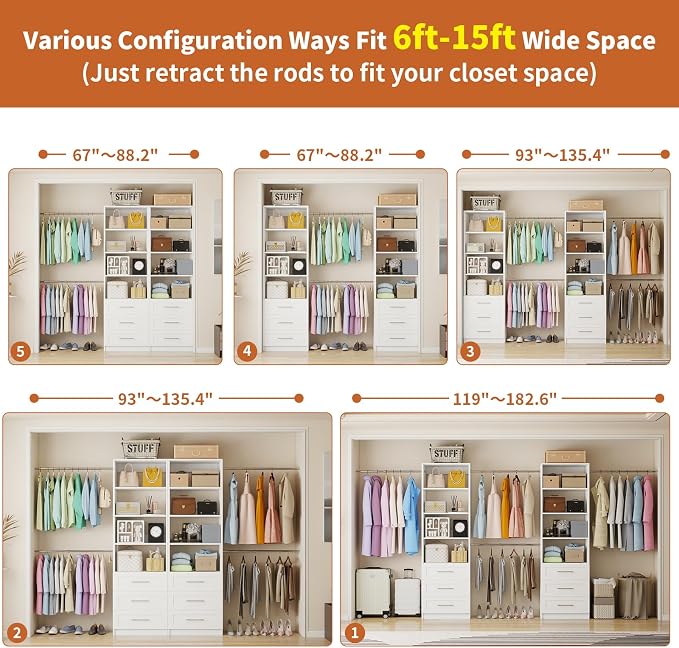 Closet System with 6 Drawers, 5-14FT Custom Closet Organizer System with 8 Expandable Hanging Rods&Adjustable Shelves, Modular Wood Closet Systems Tower for Walk in Closet Storage, 2 Sets, White - Image 2