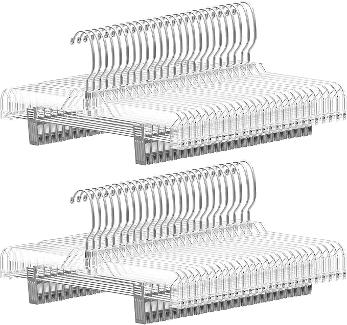 14" Clear Pants Hangers with Clips 50 Pack, Plastic Skirts Hangers | Slim Space Saving, Adjustable Clips Hangers with 360° Swivel Hook & Non-Slip Pad for Adults and Kids, Pants, Shirt, Jeans by UEAKPIC