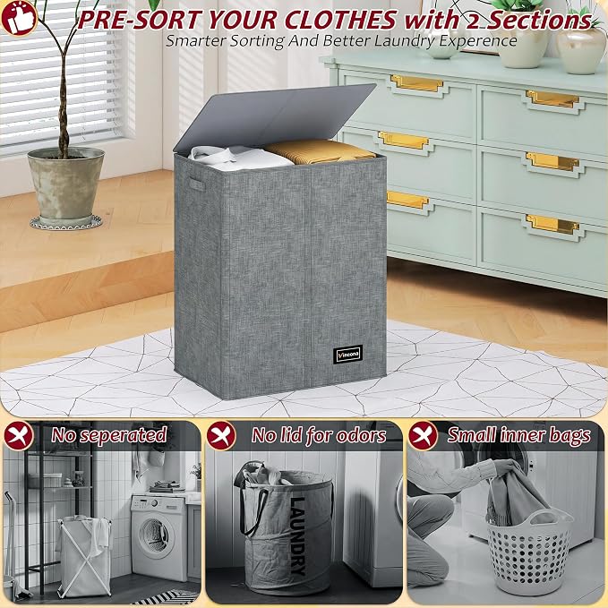 135L Laundry Hamper 2 Section, Large Laundry Hamper with Lid, Dirty Clothes Hamper with 2 Removable Inner Bags, Collapsible Laundry Basket Organizer for for Clothes Toys Towels, Hamper 2 Compartment - Image 3