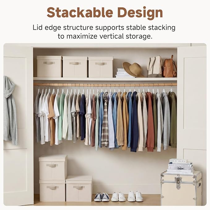 StorageWorks Fabric Storage Bins with Lids, Closet Storage Bins | Lidded Dust-proof, Easy Pull Handles, Foldable, Stackable, Ideal for Clothes Blanket Towel, Jumbo, Cream White, 3-Pack - Image 3