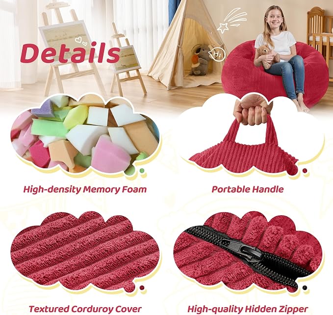 2.5FT Bean Bag Chair,Teardrop Bean Bags with Memory Foam Filled | Beanbag Chairs with Handle,Teardrop Bean Bag Sofa with Corduroy Machine Washable Cover for Living Room,Bedroom-Red - Image 5