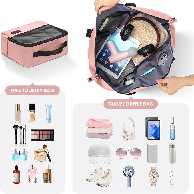 Oeihuivt Weekender Bags for Women with 3 Extra Pack - 21 Inch Large Travel Duffel Bag Set with Shoe Compartment, Heavy-Duty nylon Carry On Overnight Tote Black+Pink - Image 5