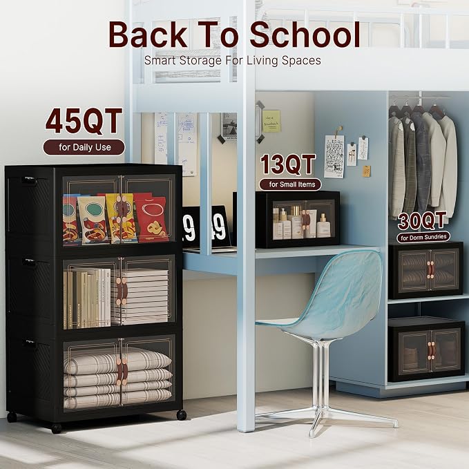 Stackable Storage Bins with Lids, 600QT Lockable Storage Cabinet | Folding Storage Box with Doors and Wheels, Collapsible Plastic Drawers for Home, Garage, Office - Image 8