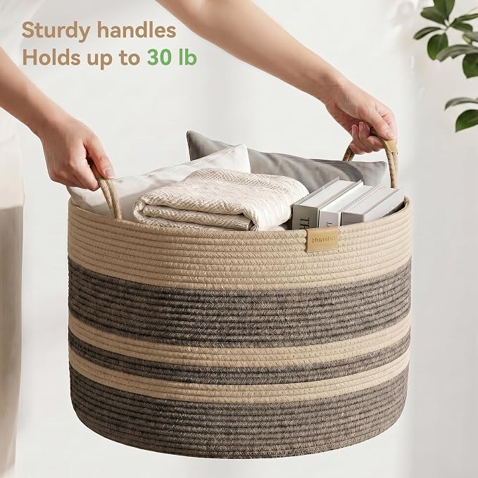 Nunsino 72L Woven Blanket Basket with Leather Handles, Cotton Rope Laundry Basket Hamper,Decorative Nursery Basket Toy Storage Basket for Kids, Living Room, Bedroom,Dark Brown Stripes - Image 5