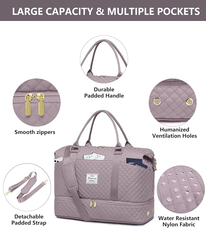 Women Weekender Travel Duffle Bag: Travel Duffel Overnight Bags with Shoe Compartment Carry on Tote Bags Toiletry Bag Weekend Yoga Gym Hospital Bags for Labor and Delivery with Wet Pocket Purple Grey - Image 4