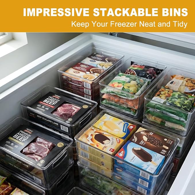 Hudgan 8 Pack Freezer Organizer Bins,Stackable,Clear Bins for Fridge,Pantry | Straight Side, 3 Sizes, 2 XL Storage Container, 3 Large Cabinet Organizer, 3 Medium Storage Drawer - Image 2