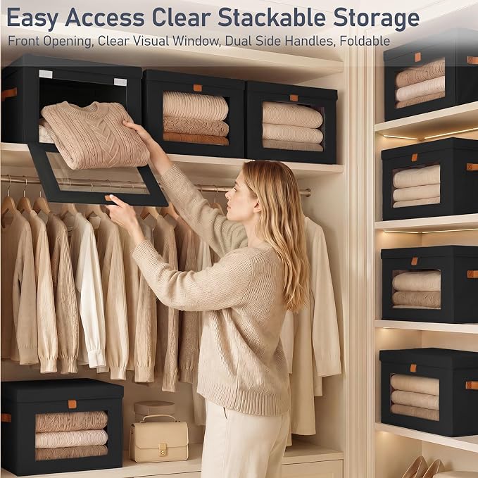 DIMJ Storage Bins with Lids - 6 Pack Front Opening Stackable Fabric Storage Boxes with Clear Window & Handles, Collapsible Closet Organizers for Clothes, Sweaters, Shelf Storage, Bedroom, Black - Image 2