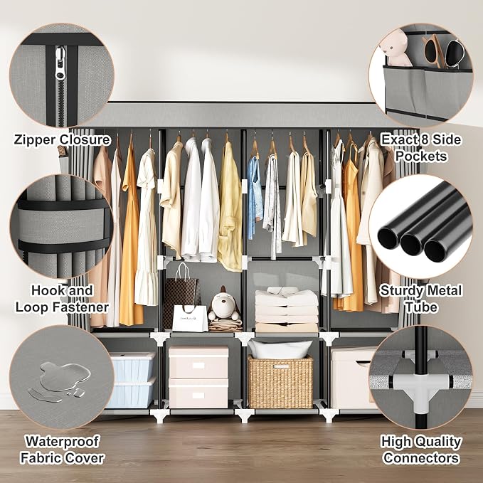Portable Closet for Hanging Clothes, 67 Inch Wide Portable Wardrobe Closet with Cover, 4 Hanging Rod, Storage Shelves and Side Pockets, Large Free Standing Closet for Bedroom, Grey - Image 4