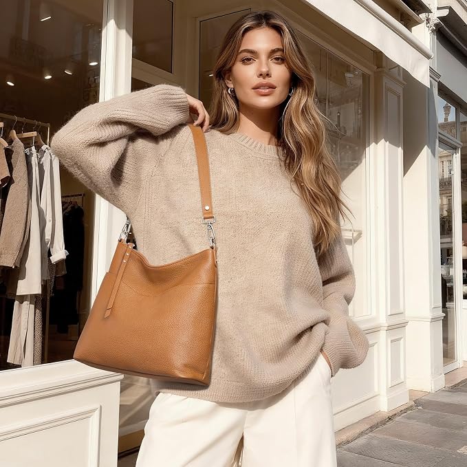 S-ZONE Leather Purses for Women Tote Shoulder Crossbody Bag 2 Straps | Top Grain Leather, Soft, Medium, Bucket Hobo Handbag, Multi Pockets, Vintage Casual, Travel Eveyday Work - Image 2