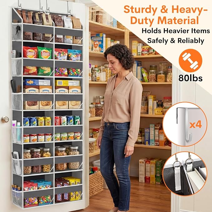 2 Pack Over The Door Organizer 6 Tiers, Extra Large Behind Door Storage of 12 Compartments, 80 lbs Weight Capacity Hanging Storage Organizer with Clear Window Kids Toys,Shoes (6 Tiers - Grey) - Image 3