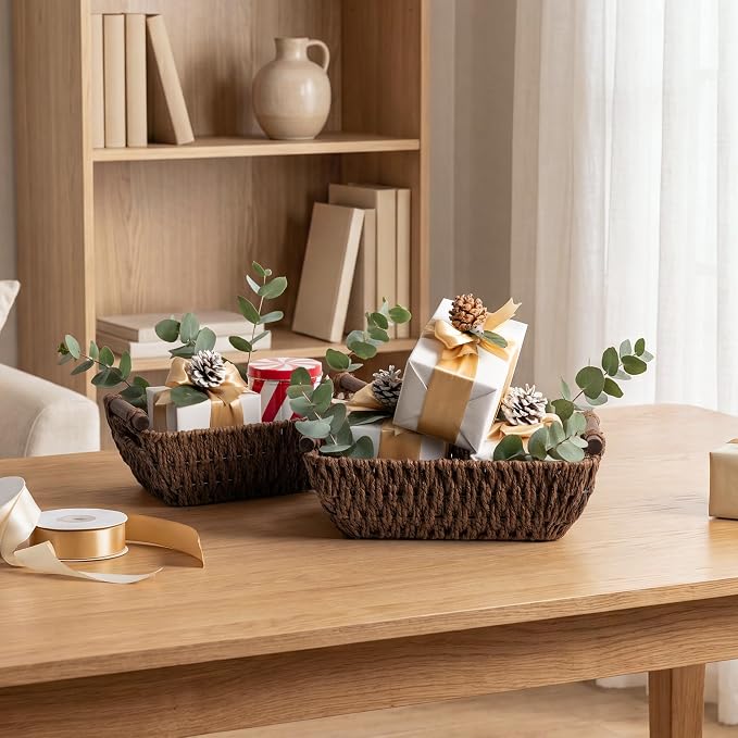 StorageWorks Small Baskets for Organizing, Woven Basket for Shelves | Wicker Storage Baskets for Shelves, Baskets with Wooden Handles, 2-Pack Gifts Basket for Home Decor, Hand-Woven Basket - Image 8